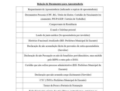Relação de Documentos para Requerimento de Aposentadoria e Pensão